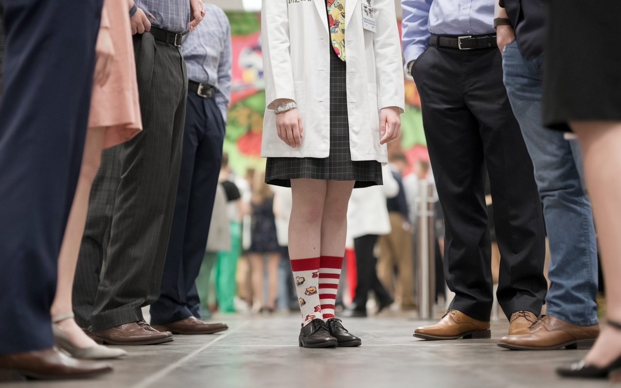 A comical scene at a school mixer featuring a medical student wearing mismatched socks—one with cartoons, the other with stripes—standing awkwardly amidst well-dressed peers. The student's confident grin contrasts with their disheveled appearance, embodying a light-hearted acceptance of their unique style. The background shows a lively gathering with decorations, creating a blend of humor and community spirit.