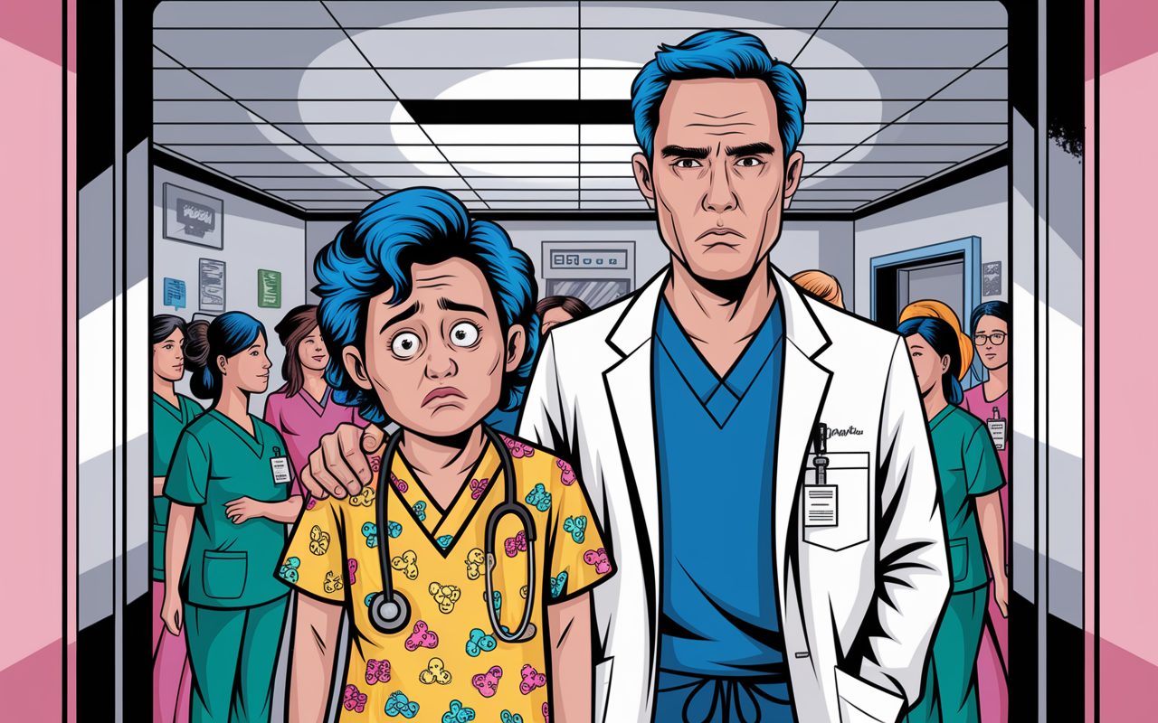 A humorous hospital scene where a medical student is wearing bright cartoon-patterned scrubs, looking flustered as they stand in an elevator next to their serious attending physician. The expressions on their faces create a comedic contrast—the student’s eyes wide with embarrassment, and the doctor’s raised eyebrow hinting at amusement. The hospital environment is bustling, filled with nurses and patients, enhancing the lively mood of the moment.