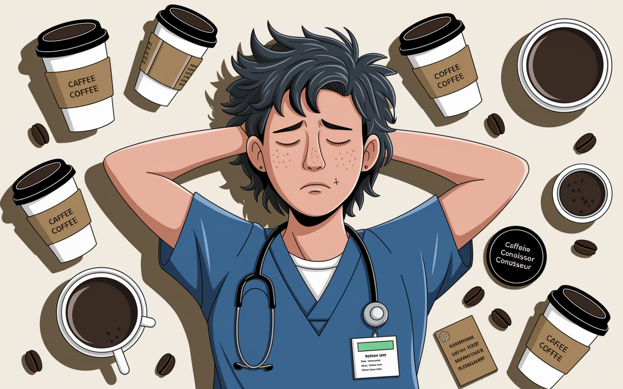 A weary intern surrounded by coffee cups, with one cup comically oversized, expressing their exhaustion in a hospital break room. The intern has messy hair, eyes halfway closed, and a relaxed posture, surrounded by humorous coffee-themed decorations—like a 'Caffeine Connoisseur' badge. Bright, cheerful lighting contrasts with the sleepy look of the intern, creating a playful yet relatable atmosphere.