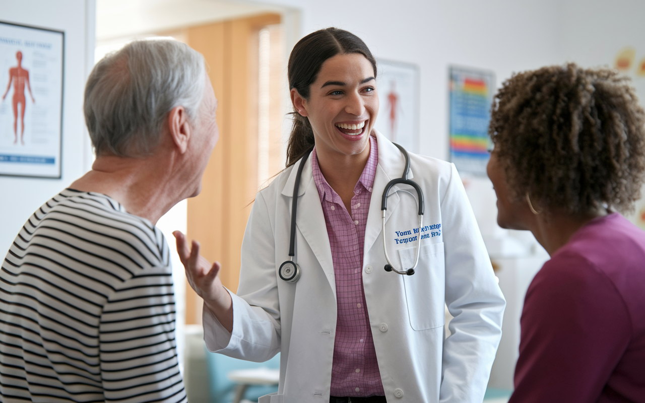 A lighthearted scene in a doctor's office where a medical student introduces themselves to a patient, who humorously responds, “You mean you’re not the clown from my last appointment?” The student wears a friendly smile, and their eyes twinkle with laughter as they joke back, creating a warm, witty atmosphere. The office is bright and inviting, with medical charts and colorful posters on the walls enhancing the cheerful vibe.