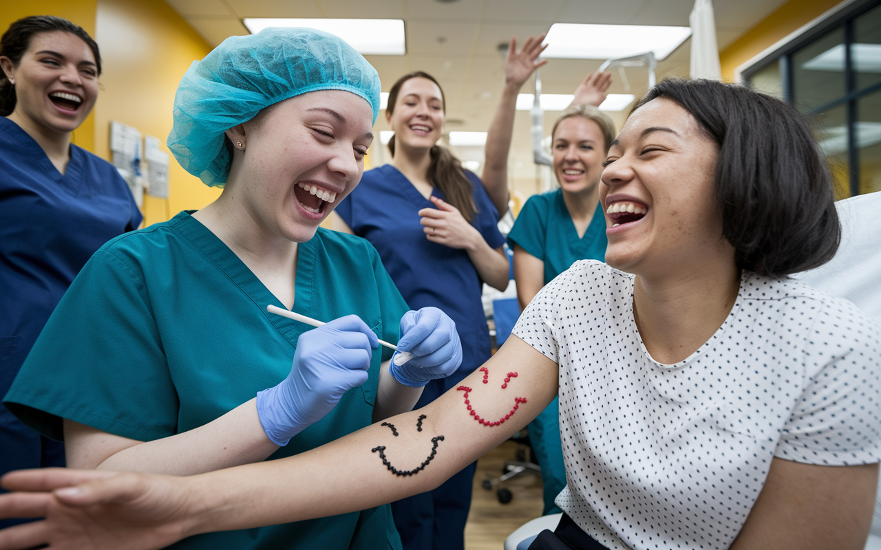 A jubilant medical student performing their first suturing procedure on a patient’s arm, with playful smiley face stitches. Both the student and the patient are laughing, capturing the joy of the moment. The setting is a well-lit hospital room with colorful equipment and staff cheering in the background, reflecting the excitement of this milestone moment.