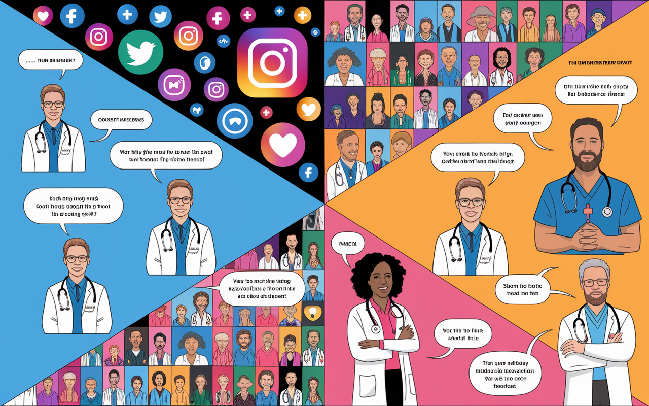 A vibrant digital collage depicting the evolution of doctor memes from simple text posts to visually complex images. On one side, early meme formats featuring humorous sketches and text bubbles illustrating a doctor-patient interaction. On the other side, colorful, intricate memes integrating pop culture elements, showcasing diverse healthcare professionals laughing together over their shared experiences. The background is a dynamic mix of social media icons to represent the online origins, with an overall playful atmosphere, bright colors, and a cheeky sense of humor.