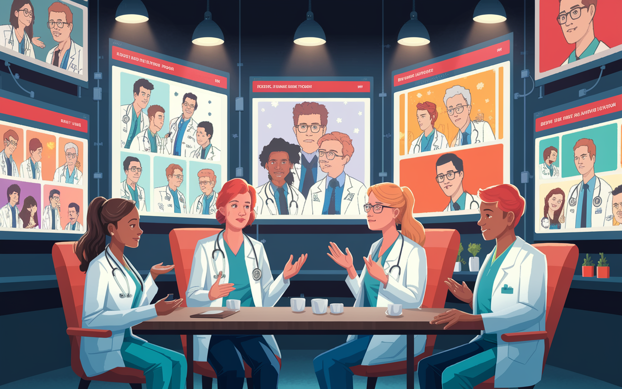 An artistic representation of a vibrant online community in a digital setting, where healthcare professionals gather around virtual platforms like Reddit. Screens showcase a variety of doctor memes, illustrating the humor and frustrations of medical life. Colorful avatars of doctors, nurses, and medical students are engaged in animated discussions, laughing and sharing memes. The atmosphere conveys a sense of camaraderie and community with soft light effects illuminating the screens, creating a warm, inviting ambiance.