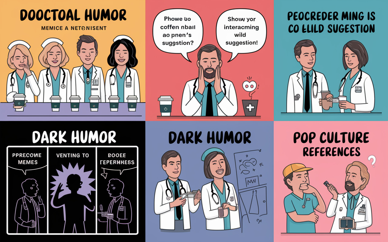 A whimsical illustration showcasing the different categories of doctor memes. The first section depicts relatable medical humor with cartoon-style doctors and nurses laughing over coffee cups. The second section illustrates a patient interaction meme with a doctor facepalming at a patient's wild suggestion. The third section dark humor is represented by a shadowy comic strip showing a doctor venting to colleagues. The last section features pop culture references, showing a doctor dressed as a TV character trying to medicate a patient. The scene is colorful and playful, filled with laughter and camaraderie.