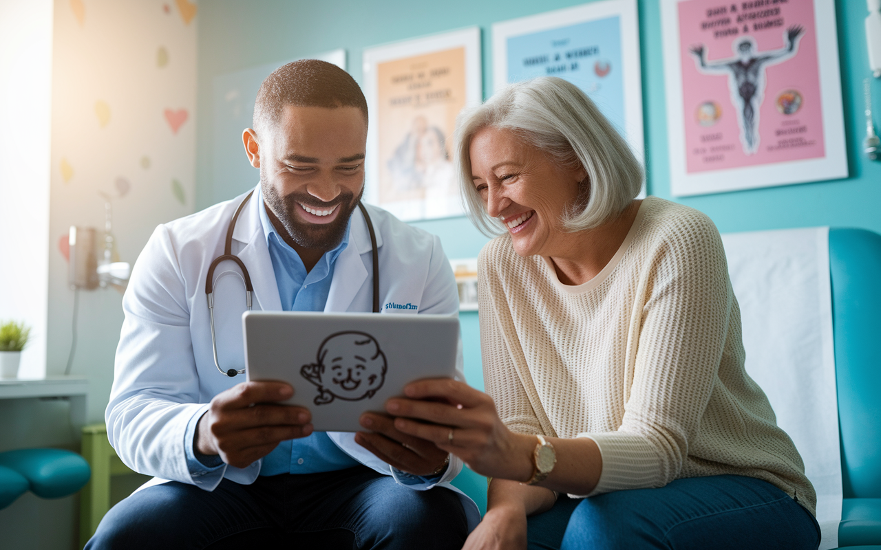 A heartwarming scene depicting a doctor and patient sharing a laugh over a meme. The doctor is showing a funny meme on a tablet while sitting in a brightly lit examination room, characterized by cheerful decor and medical posters. The patient, smiling and engaged, reflects a sense of understanding and empathy. Soft, natural lighting creates an inviting atmosphere, emphasizing connection and relatability. The room is filled with lightness and humor, highlighting the emotional bridge that laughter creates.