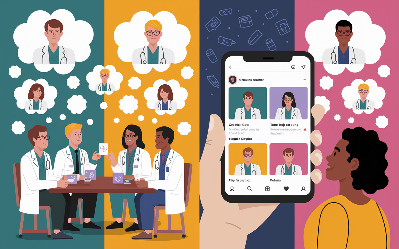 A dynamic split-screen illustration showing the ripple effect of doctor memes in healthcare discourse. The left side depicts a group of doctors sharing memes around a table, fostering lively conversation and laughter. The right side shows a patient viewing the same memes on social media, reflecting curiosity and engagement. The background consists of thought bubbles showing various healthcare topics they might discuss, with soft, fading light suggesting deepening conversations. The scene is vibrant, promoting mutual understanding through shared laughter.