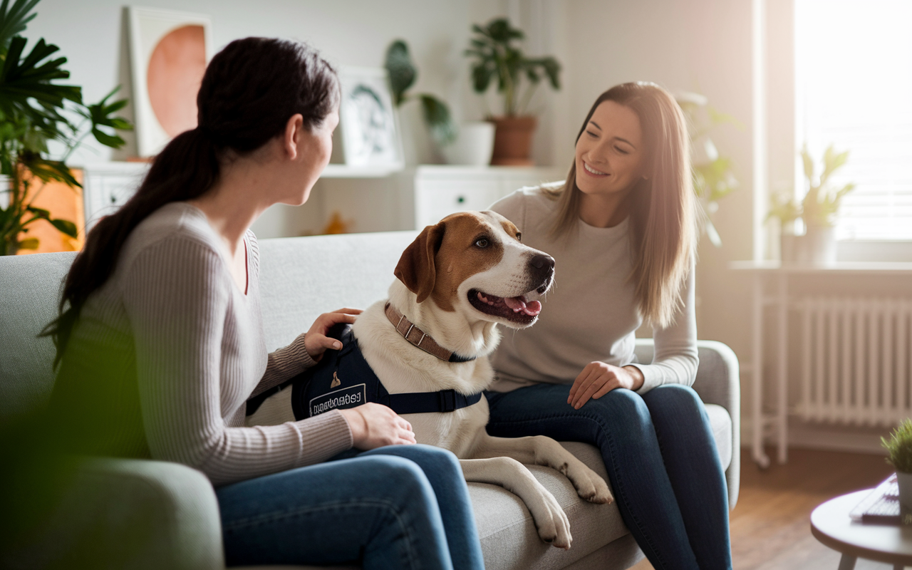 A warm, inviting therapy room with a cozy atmosphere, where a patient sits on a couch alongside a friendly service dog. The dog is wearing a vest, and both the patient and a compassionate therapist are engaged in a conversation, with soft sunlight streaming through a window. The room is decorated with plants and art, emanating an ambiance of comfort and support, highlighting the bond between humans and their pets.