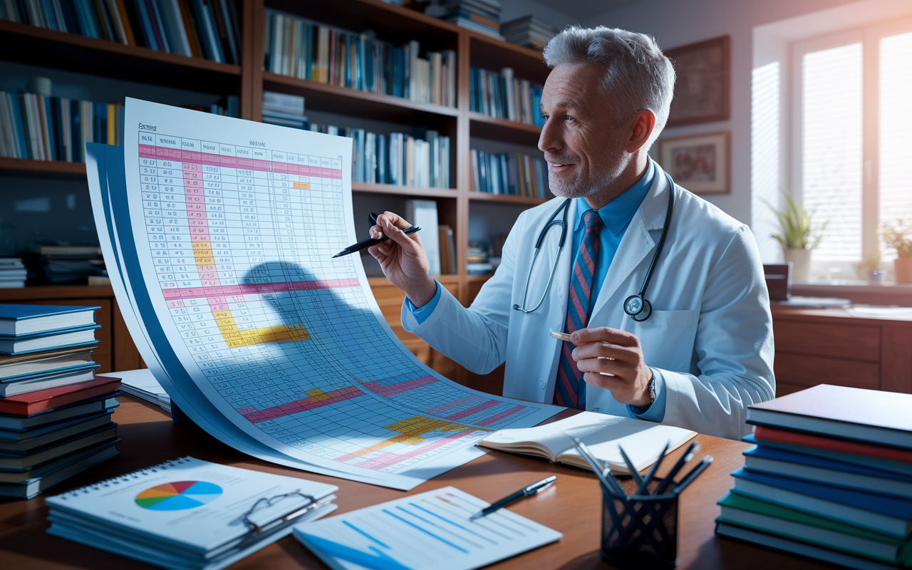 Inside a cluttered yet organized doctor's office, a physician with an intrigued expression examines a large, colorful spreadsheet filled with symptoms and graphs. The room is filled with medical books, and the sunlight filtering through the window casts playful shadows. The chart is vibrant and meticulous, showcasing the patient's dedication, while the doctor holds a pen, ready to take notes, embodying a mix of amusement and curiosity.