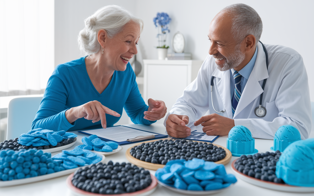 A colorful consultation room where a patient cheerfully discusses their 'blue food diet' with a captivated doctor. The table is filled with an array of blue foods: blueberries, blue corn chips, and blue ice cream, creating a vibrant display. The doctor is engaged, leaning forward with a smile, while the patient enthusiastically points at their chart. The room is bright and filled with light, embodying a cheerful, relaxed conversation.