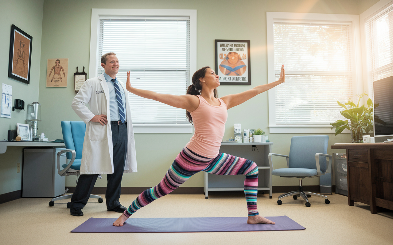 A playful scene in a doctor's office where a patient is demonstrating strange 'energy alignment' techniques with exaggerated yoga poses. The physician is watching with a blend of amusement and skepticism, surrounded by medical charts and a humorous poster on the wall. The light in the room is warm and inviting, filled with laughter and understanding, highlighting the humorous intersection of modern wellness trends and traditional medicine.