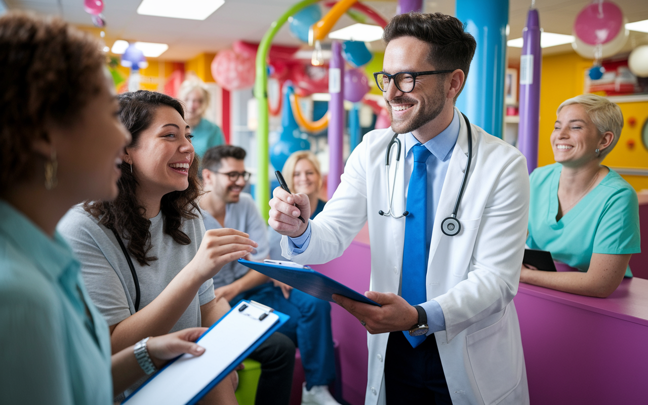 In a lively clinic filled with bright colors and playful decor, a smiling doctor playfully signs an autograph for a delighted patient holding a clipboard. The patient has a gleeful expression, while other patients in the waiting area chuckle at the scenario. The atmosphere is vibrant and friendly, showing the unexpected moments of joy in a medical practice.