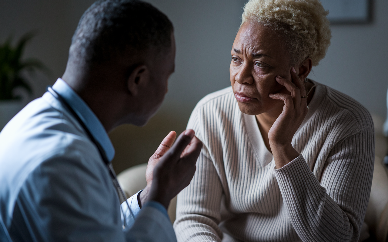 A thoughtful scene in a consultation room where a doctor is engaged in conversation with a patient who appears deeply contemplative. The patient is expressing their feelings with a concerned look, while the doctor listens attentively, creating a nurturing environment. The room is softly lit, creating an atmosphere of empathy and understanding, highlighting the delicate balance between mental and physical health.