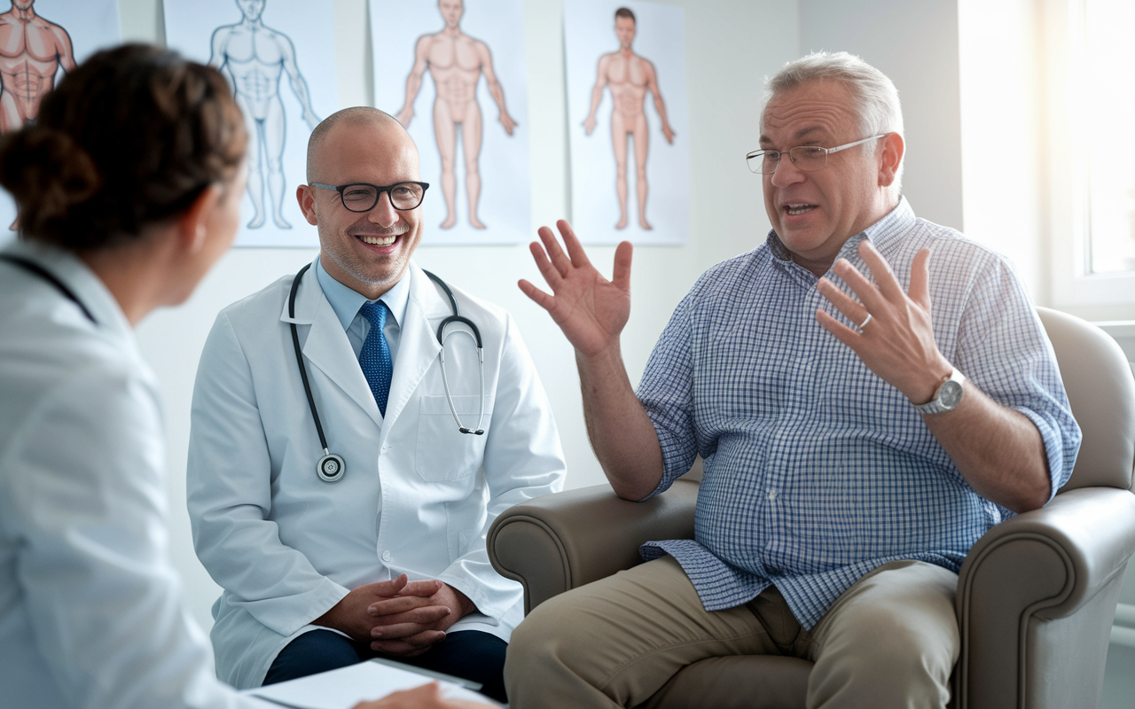 A charming and humorous scene in a doctor's office where a jovial physician is smiling while listening to a quirky patient claiming couch-related ailments. The patient gestures animatedly, sitting comfortably in a chair while completely serious; the scene is lighthearted with medical drawings on the wall and a bright window in the background, emphasizing the fun dynamics of the conversation.