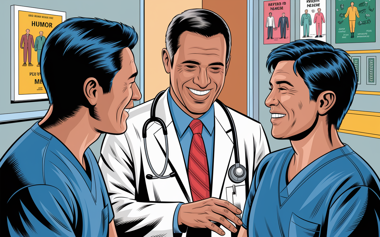 A comic-style illustration of a doctor and a patient in a hospital room sharing a light-hearted moment. The doctor, with a warm smile, is depicted delivering a joke that makes the patient laugh, bringing a sense of ease and connection. The setting is bright and inviting, with colorful medical posters on the wall, symbolizing the importance of humor in alleviating tension and fostering communication in medicine.