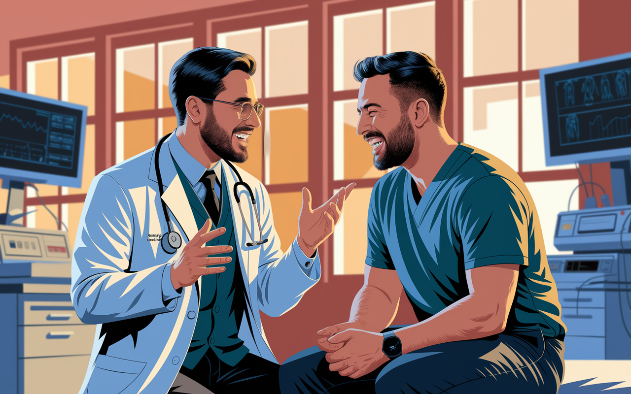 A warm illustration featuring a doctor and a patient sharing jokes in a clinical setting. The doctor, in a white coat, is animatedly telling a humorous anecdote, while the patient bursts into laughter, surrounded by a cheerful atmosphere with medical equipment in the background. Warm light filters through large windows, creating a sense of comfort and joy. The image encapsulates the importance of humor in easing the doctor-patient dynamic.