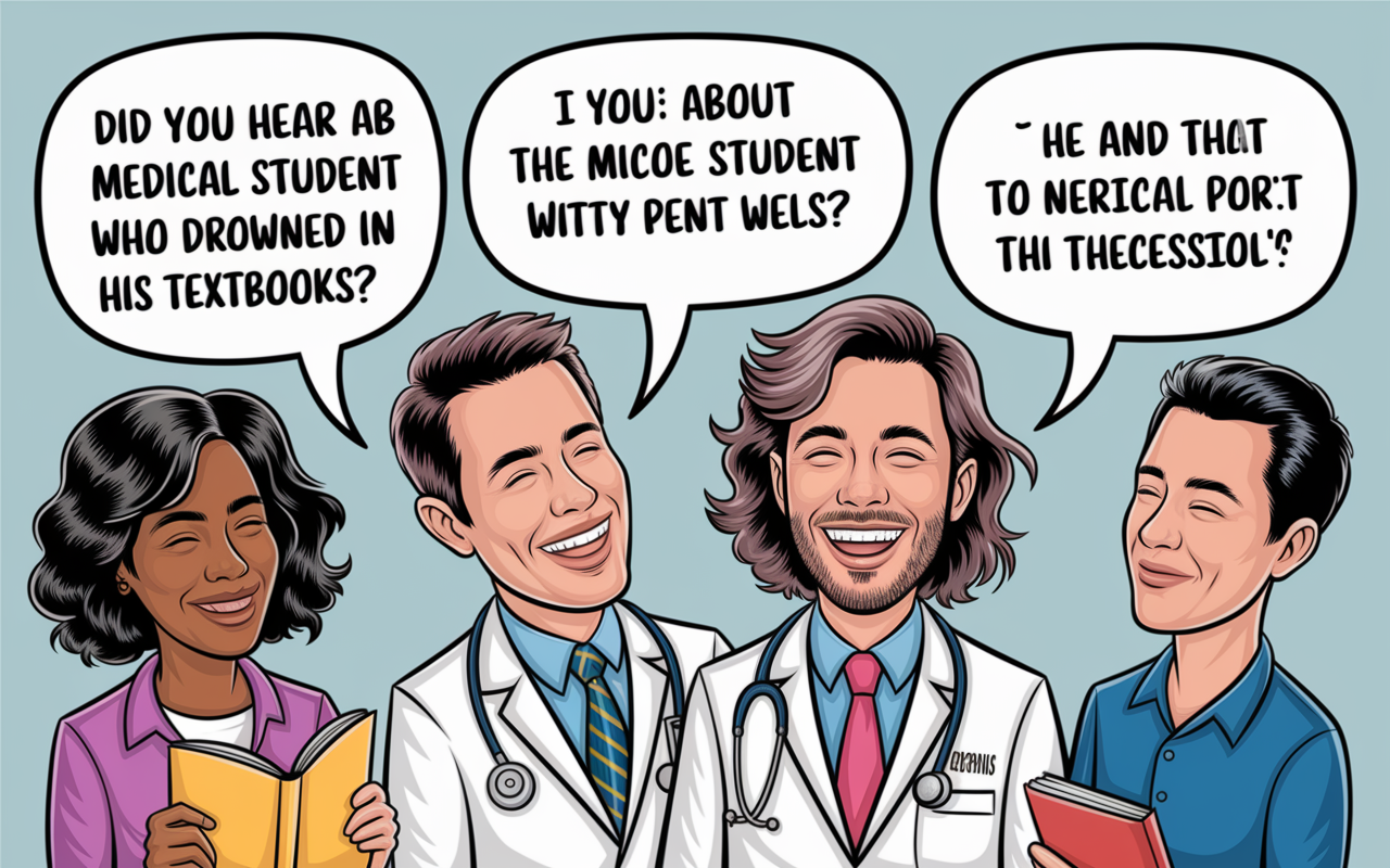 A playful cartoon showcasing humorous medical puns, with a central character, a doctor, laughing as they share funny medical jokes with patients. Speech bubbles contain witty one-liners like 'Did you hear about the medical student who drowned in his textbooks?' The vibrant colors and exaggerated expressions add to the light-hearted vibe, making it clear that humor is an essential part of the medical experience.