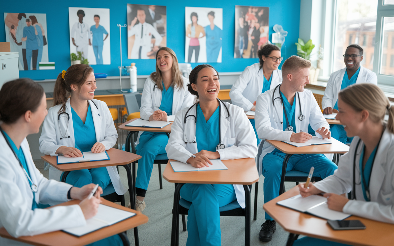 An engaging classroom scene where medical students participate in improv exercises, laughing and interacting with each other. The room is decorated with medical posters and props. Students are depicted acting out humorous skits related to healthcare situations. The ambiance is bright and energetic, reflecting creativity and the integration of humor in their education.