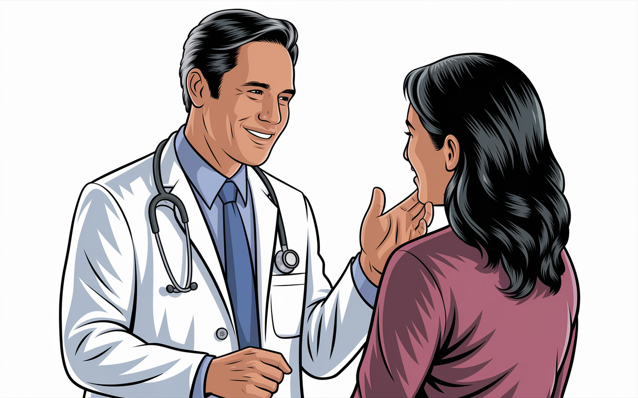 A thoughtful illustration showing a healthcare professional interacting with a patient in a clinical setting, showcasing a balance of humor and professionalism. The doctor, with a gentle smile, is gauging the patient's response to a lighthearted comment, creating a warm dynamic. This thoughtful scene emphasizes the importance of knowing when and how to use humor appropriately.