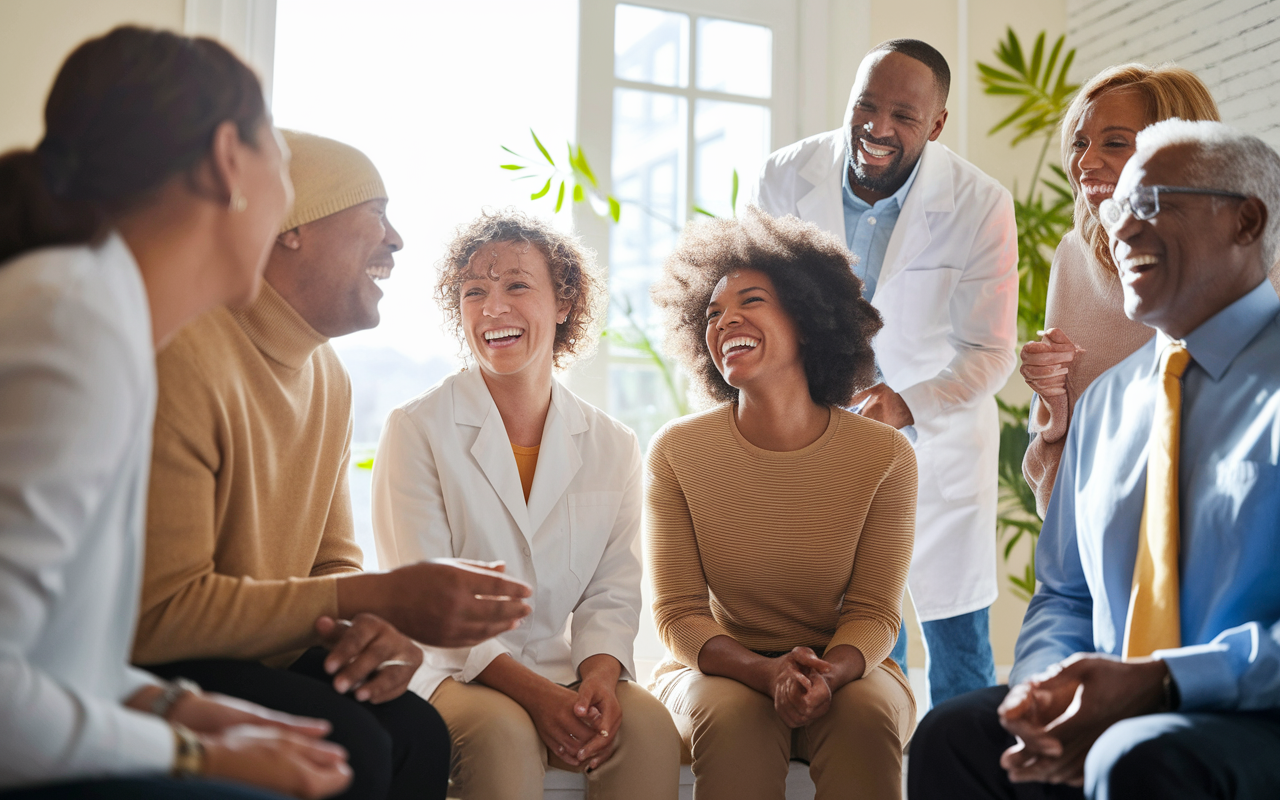 An uplifting scene depicting healthcare professionals and patients engaging in group laughter therapy, surrounded by a warm and supportive environment. Bright natural light illuminates the room, showcasing a diverse group united in shared joy. The laughter radiates a sense of community and healing, visually encapsulating the message of humor's therapeutic benefits in medicine.