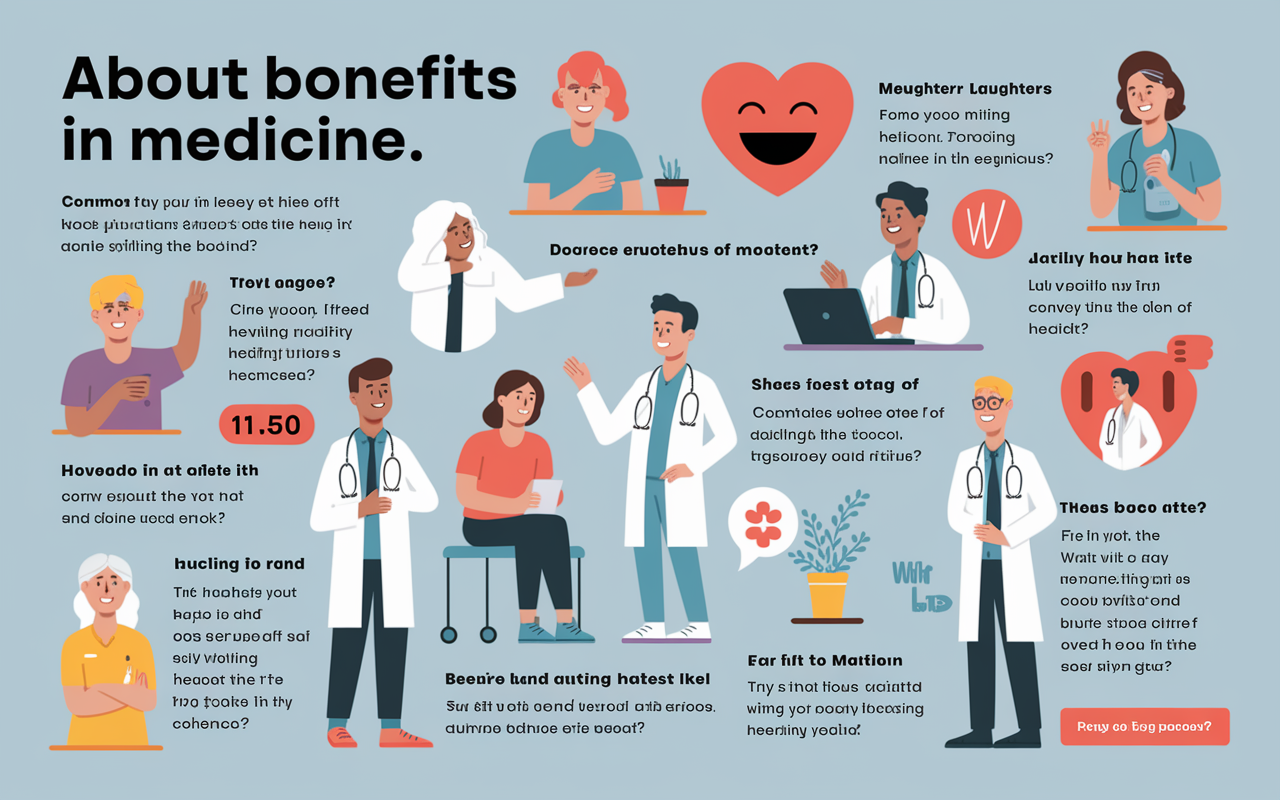 A visually appealing FAQ-style graphic featuring common questions about the benefits of laughter in medicine. Illustrated with icons like a smiling face, a heart, and doctors interacting with patients, this image conveys the essence of laughter's role in healthcare. Each question is displayed prominently in a friendly and approachable design.