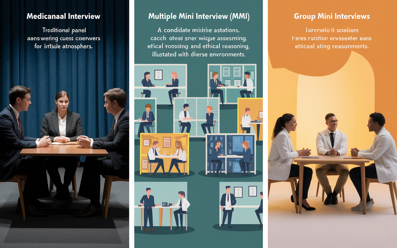 A split-screen image depicting three different interview formats for medical school candidates. On the left, a traditional panel interview with a candidate answering questions to a group of interviewers, accentuated by a formal and serious atmosphere. In the center, a Multiple Mini Interview (MMI) setup with a candidate rotating between different stations, each showcasing unique assessment areas such as clinical skills and ethical reasoning, illustrated with diverse station environments. On the right, a lively group interview scene with candidates engaged in discussion, showcasing teamwork and collaboration under soft, warm lighting. Each segment is clearly labeled to denote the type of interview.