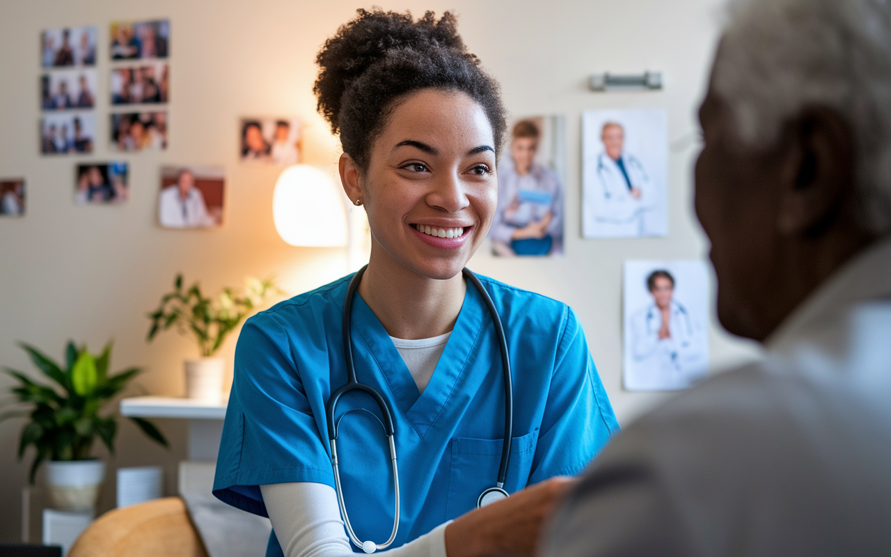 A reflective young woman reminiscing in a cozy clinic setting while volunteering. She is in scrubs, talking with an elderly patient who smiles back at her, displaying a moment of empathy and care. The clinic is warm and inviting, decorated with family photos and medical charts. The lighting is bright yet soft, creating an atmosphere of warmth and connection. The young woman’s expression captures her passion for medicine and genuine interest in patient care.