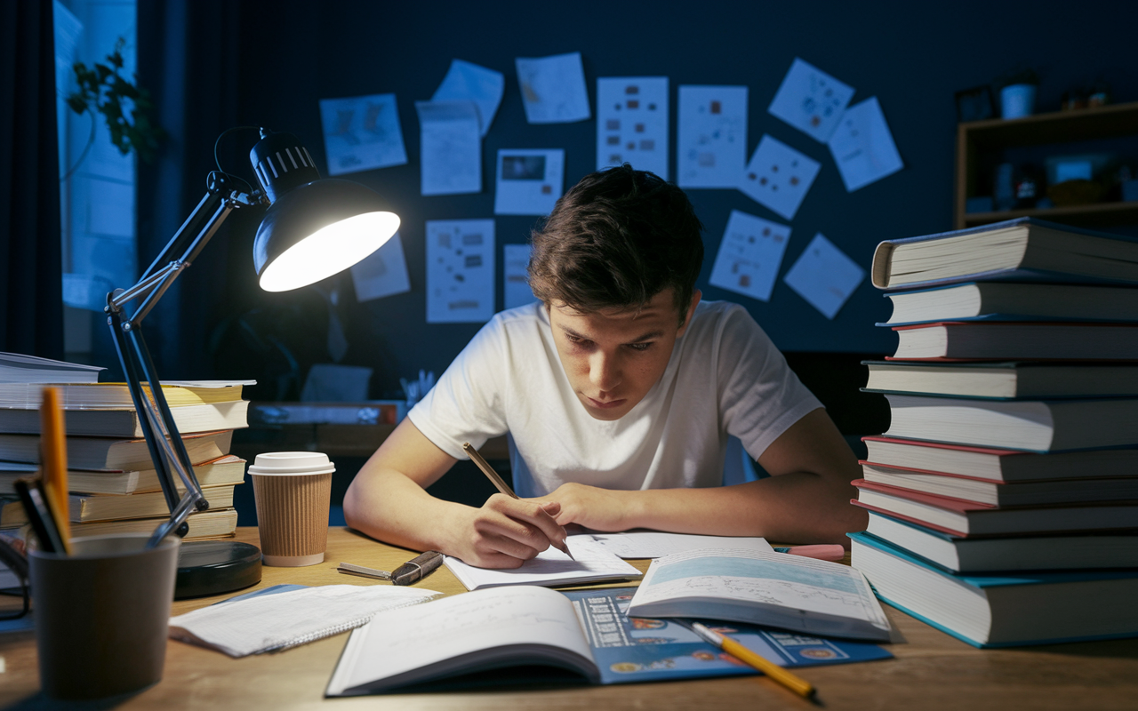 An anxious student studying late at night in a cluttered room, filled with textbooks and notes on organic chemistry. A desk lamp casts warm light over the chaotic scene, enhancing the sense of determination. The student is seen with a determined expression, reviewing notes and practicing problems. Empty coffee cups and study groups on the wall symbolize dedication and hard work. The ambiance is filled with a sense of perseverance against academic pressure.