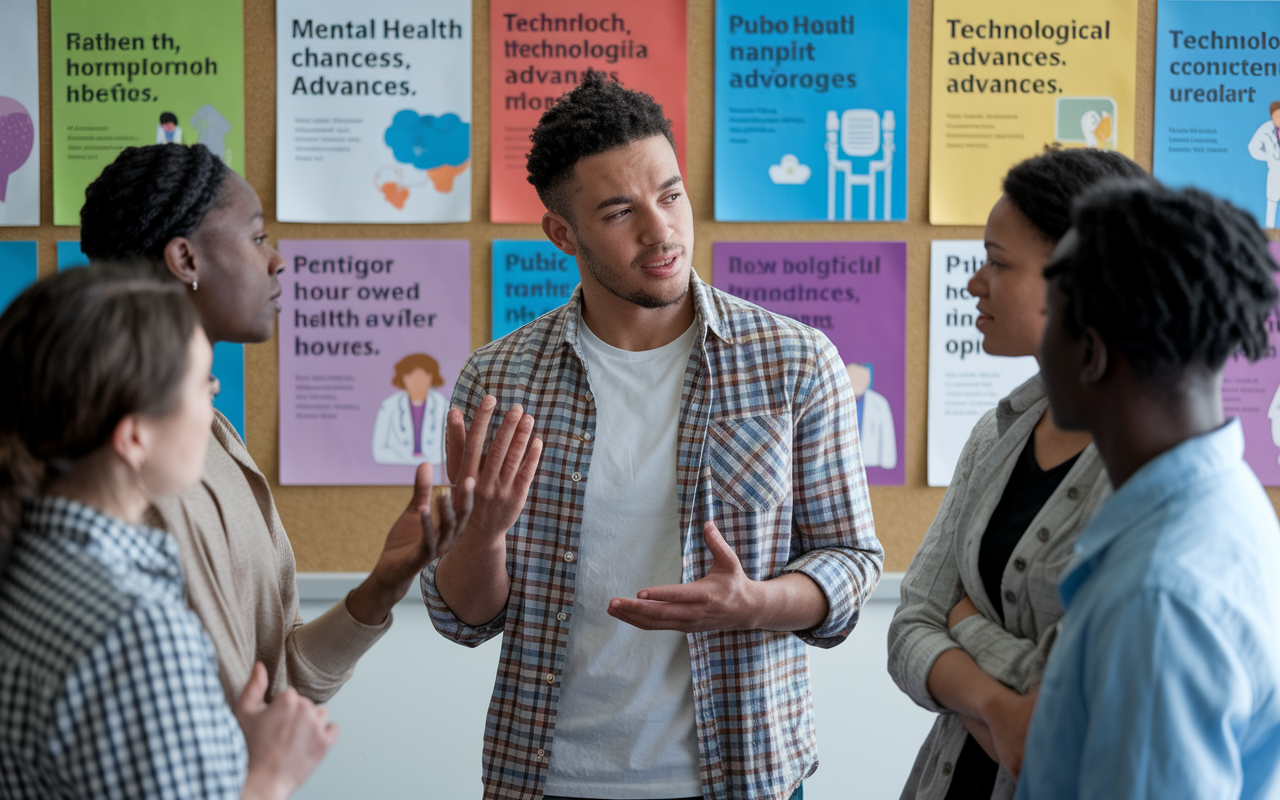 A thoughtful young man in casual attire discussing a healthcare topic with peers in a university setting. The background features a bulletin board filled with articles about mental health, technological advances, and public health issues. The lighting is bright and engaging, creating an environment conducive to open dialogue. The group appears engaged, with various expressions of contemplation and animation as they share diverse opinions, illustrating an awareness of current healthcare challenges.