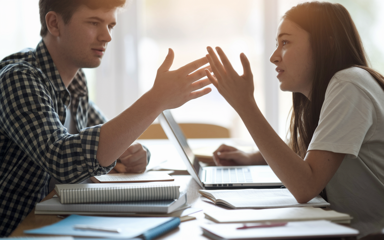 Two students involved in a collaborative project, sitting at a table filled with a laptop, books, and notes. They are engaged in a respectful discussion, with one student listening intently while the other explains their viewpoint. Tension is visibly resolved as they reach a consensus, highlighting effective communication. The atmosphere is collaborative, with soft, natural lighting, symbolizing understanding and teamwork.