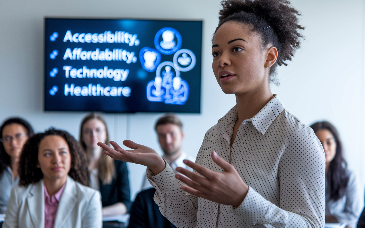 A focused young woman in a class or seminar room, presenting her insights on systemic issues in healthcare to an audience. A digital screen in the background displays key points such as accessibility, affordability, and technology in healthcare. The audience is attentive, with expressions of interest, and the lighting is bright and informative, reflecting an atmosphere of learning and engagement with pressing topics.