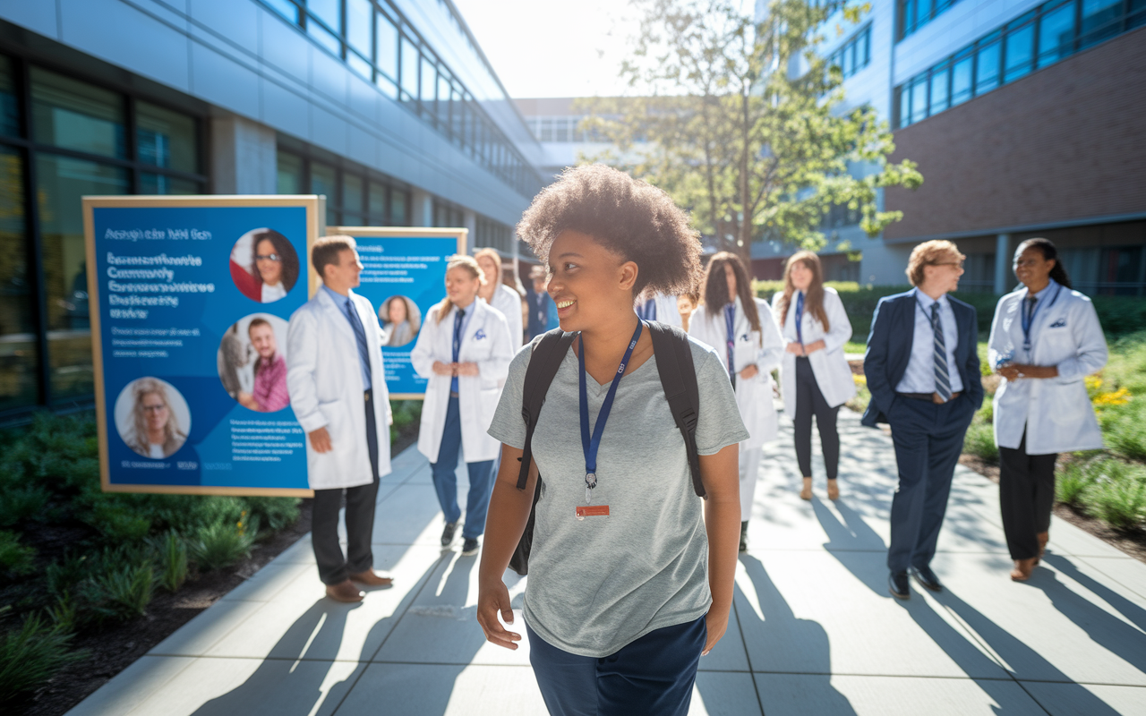 A determined student touring a medical school campus, filled with modern facilities and smiling current students. The focus is on the student looking inspired as they explore vibrant community service initiatives depicted in posters around campus. The scene is sunlit, reflecting enthusiasm and hope for the future. Students interact with faculty members in the background, showcasing a collaborative and supportive environment that aligns with the prospective student's goals.