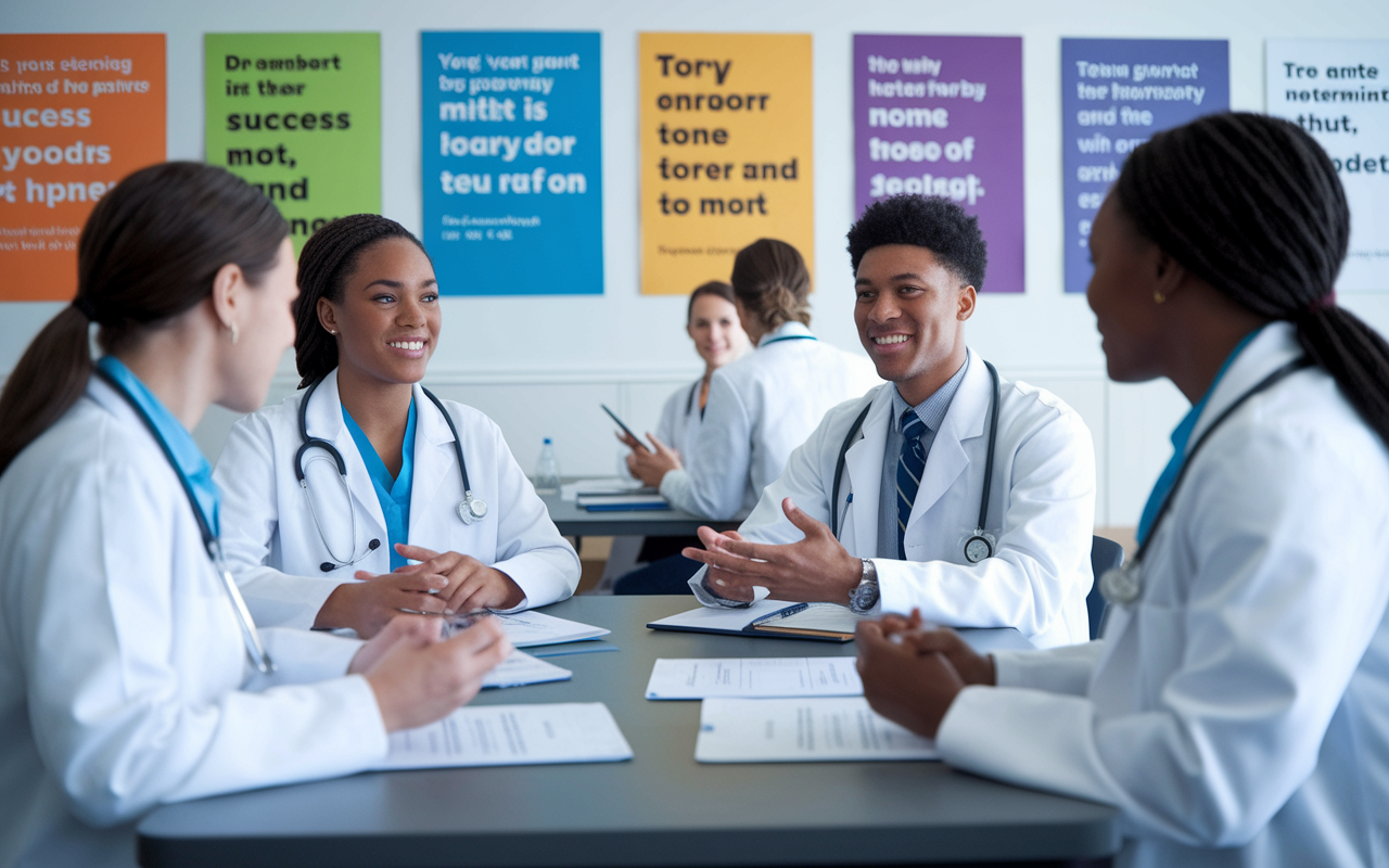 A group of medical students participating in a mock interview workshop, seated in pairs across from each other. One student is practicing their responses while the other provides feedback, with resource materials spread out on the table. The room is bright and encouraging, filled with motivational posters about success and confidence. Expressions of determination and support fill the participants' faces, reflecting the ethos of teamwork and preparation.