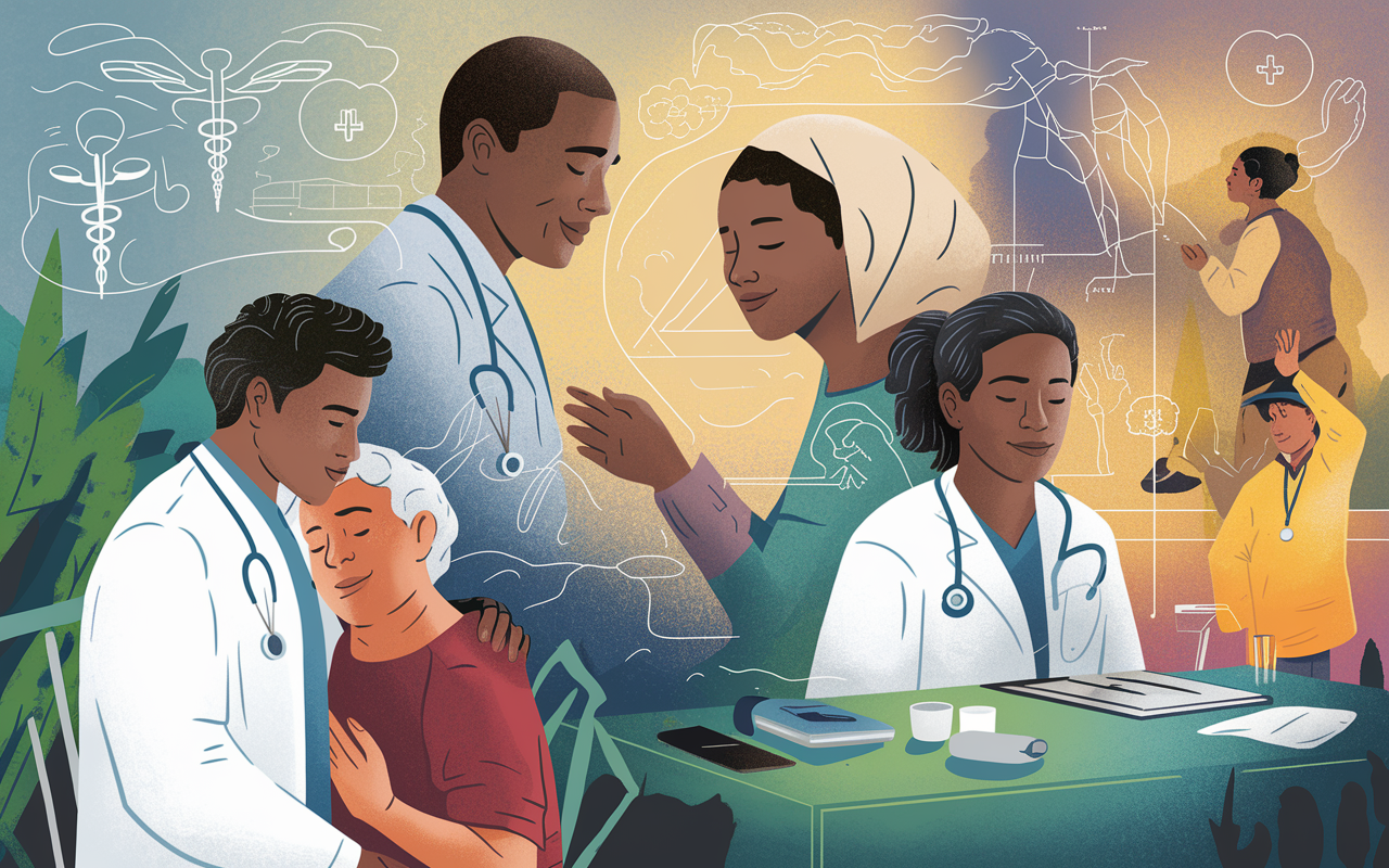 An artistic collage of personal experiences related to medicine: a compassionate doctor comforting a patient, a volunteer in a community clinic, and a student observing a surgery. The backdrop should show medical symbols subtly blending with scenes of humanity and connection, creating a warm atmosphere that emphasizes the personal stories that enrich medical narratives. Soft, ambient lighting enhances the emotional tone.