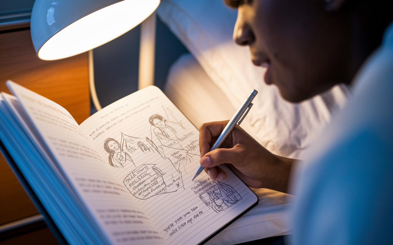 A close-up of an open journal where a med student is passionately writing their personal story. Pages are filled with emotions illustrated through heartwarming sketches of patient interactions and moments of learning in a hospital. A bedside lamp casts a warm light on the scene, highlighting the reflective nature of personal storytelling. The expression on the student's face conveys hope and determination.