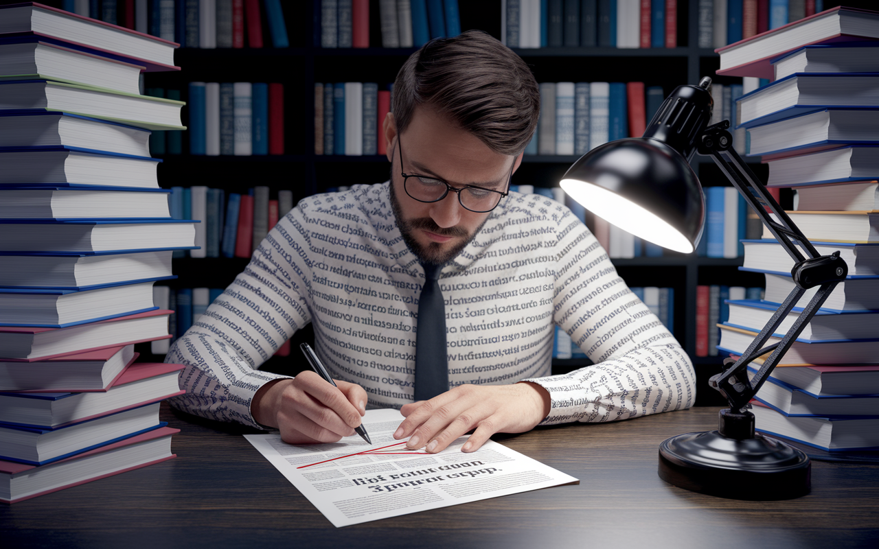 A metaphorical visual of a writer crossing out clichés from a personal statement draft, represented as words visualized on crumbling paper. The writer is deep in thought, surrounded by stacks of books on medical ethics and philosophy, under a bright desk lamp that signifies clarity. This captivating image illustrates the creative struggle against generic expressions.