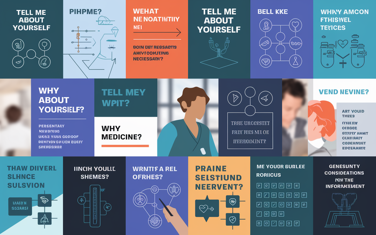 A collage of various medical school interview questions displayed in an artistic layout, featuring phrases like 'Tell me about yourself' and 'Why medicine?' Each question is creatively interpreted with symbols representing personal growth, medical themes, and ethical considerations, set against a background of a blurred office or interview environment. Artistic and informative.