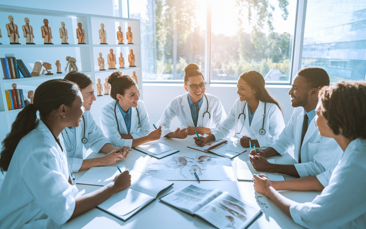 A vibrant scene of a diverse group of medical students studying together in a bright, modern study room filled with anatomical models and medical textbooks. They are engaged in a lively discussion, with notes and diagrams spread out on a large table, showcasing teamwork and collaboration. The room is bright with sunlight filtering through large windows, emphasizing a positive and dynamic learning atmosphere.