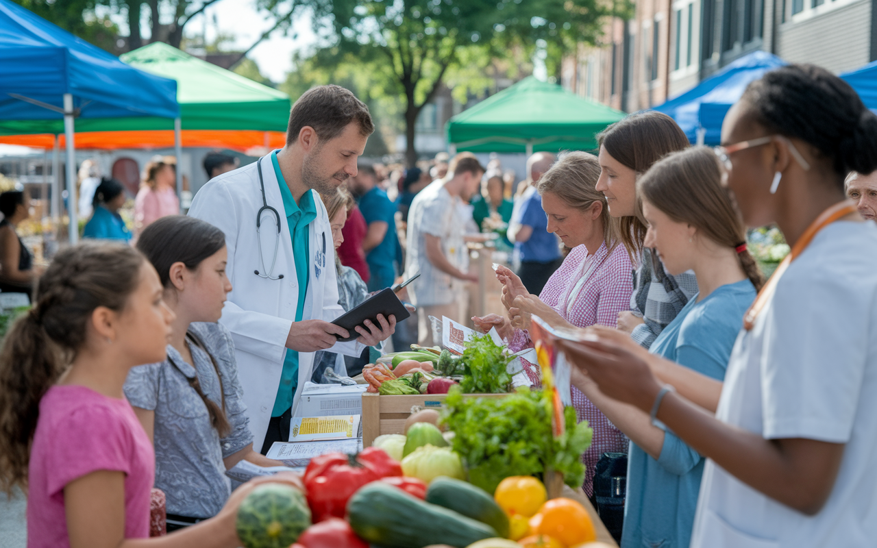 An engaging community event focused on healthcare education, set in a vibrant neighborhood with a local farmers' market. Families are interacting with healthcare professionals who are providing resources on nutrition and wellness. Colorful stalls filled with fresh produce and health pamphlets create a lively atmosphere, emphasizing collaboration and community-driven health initiatives.