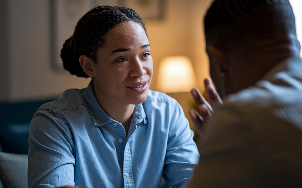 A close-up of a medical school applicant sitting confidently in an interview setting, expressing authentic emotions while sharing a personal story. The interviewer is actively listening, leaning in with interest. The room is softly lit, creating an intimate and engaging atmosphere that highlights the importance of genuine communication during the interview process.