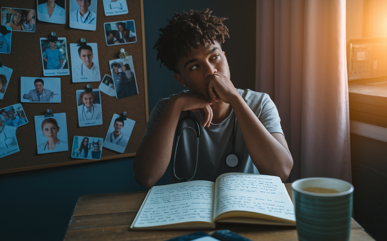 A contemplative young adult, deep in thought, surrounded by photographs of relatives, healthcare volunteers, and medical images on a pinboard. A dim sunset light filters through a window, casting a warm glow over the room, highlighting the individual's thoughtful expression as they ponder their motivations for becoming a doctor. A notebook rests, filled with handwritten notes about personal experiences related to healthcare, showcasing the journey of inspiration.