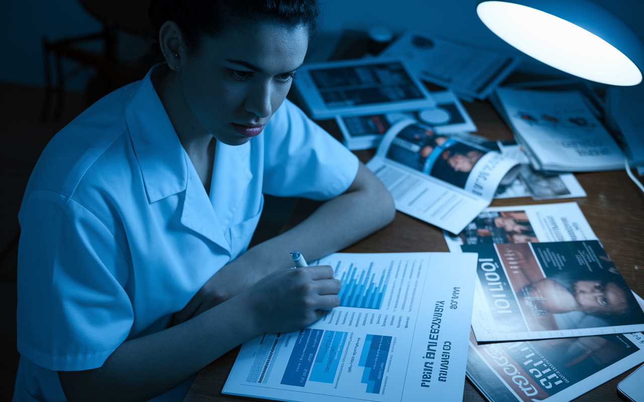 A young medical student with a serious expression, sitting at a wooden table strewn with healthcare magazines and articles. The surrounding light is cool and contemplative, as they analyze complex charts and graphs related to contemporary healthcare issues. A softly glowing lamp illuminates their focused face, emphasizing the importance of the task at hand and the seriousness of the topic.