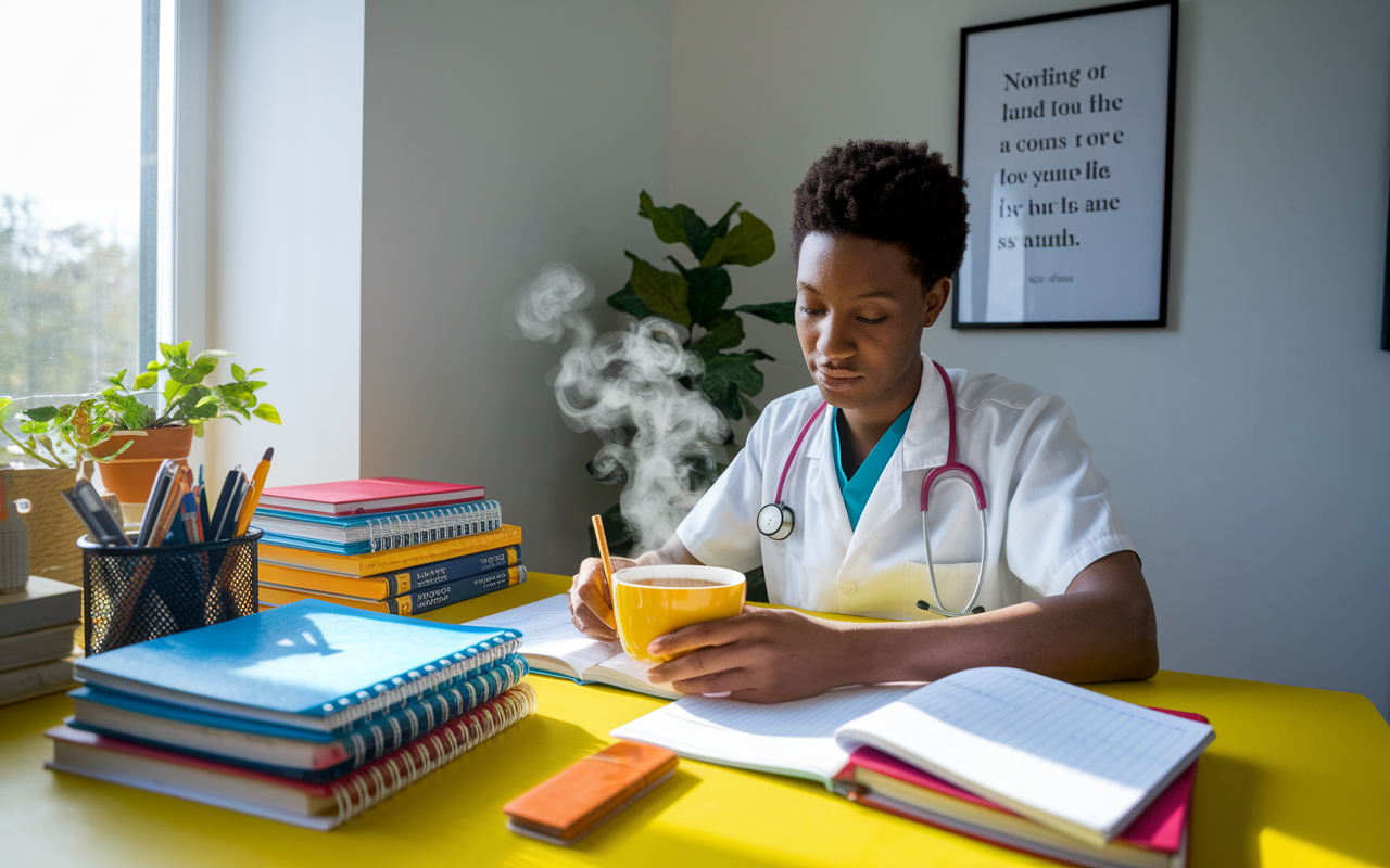 A focused medical student sitting at a bright desk cluttered with numerous textbooks, a planner, and a steaming cup of herbal tea. The room is bathed in natural light from a window, giving a sense of tranquility and organization. The student is calmly consulting their brightly colored planner while glancing at a motivational quote on the wall, embodying a sense of balance and control amid the chaos.