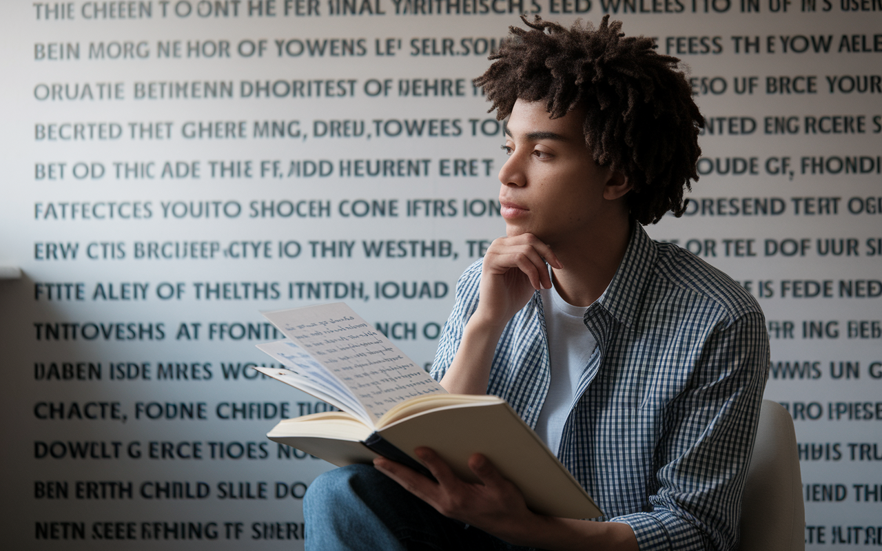 A candid shot of a young candidate seated in front of a wall covered with motivational words and accolades. Soft, diffused lighting focuses on their thoughtful expression as they reflect on personal strengths and weaknesses, with an open notebook in hand that fanned out to display notes of self-improvement strategies. The atmosphere is introspective, highlighting the candidate's journey to self-discovery.