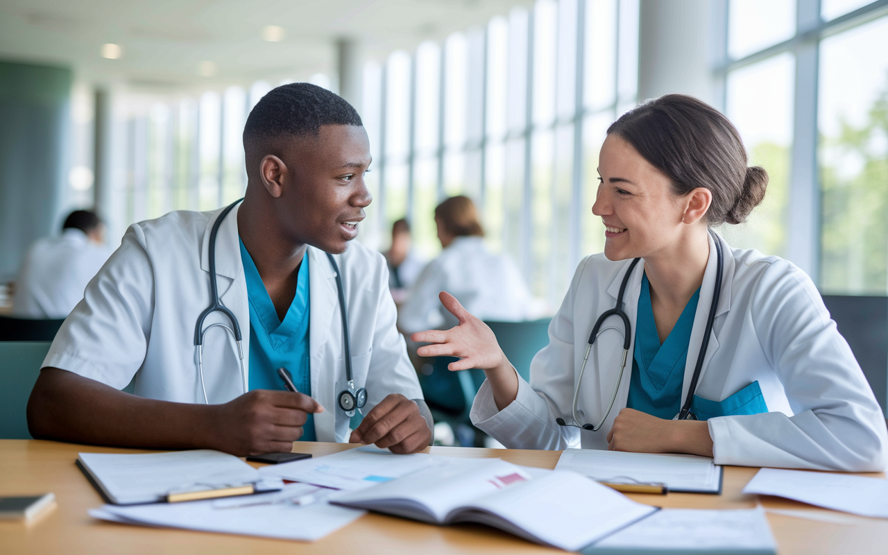 A dynamic scene of two medical students engaged in a constructive conversation at a study table, with study materials scattered around. Bright, clear lighting reflects the collaborative spirit as they discuss different perspectives. Their friendly but serious expressions convey the importance of teamwork and conflict resolution in the medical field.