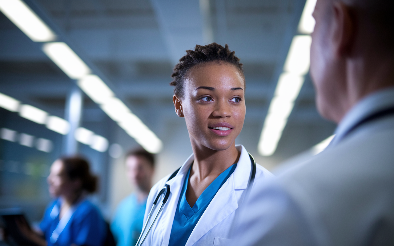 A motivated candidate in a healthcare setting, shadowing a physician as they observe a patient consultation. The environment is vibrant and busy, illuminated by bright overhead lights, capturing the essence of hands-on learning. The candidate’s focused gaze conveys eagerness and determination to soak up knowledge and experience.