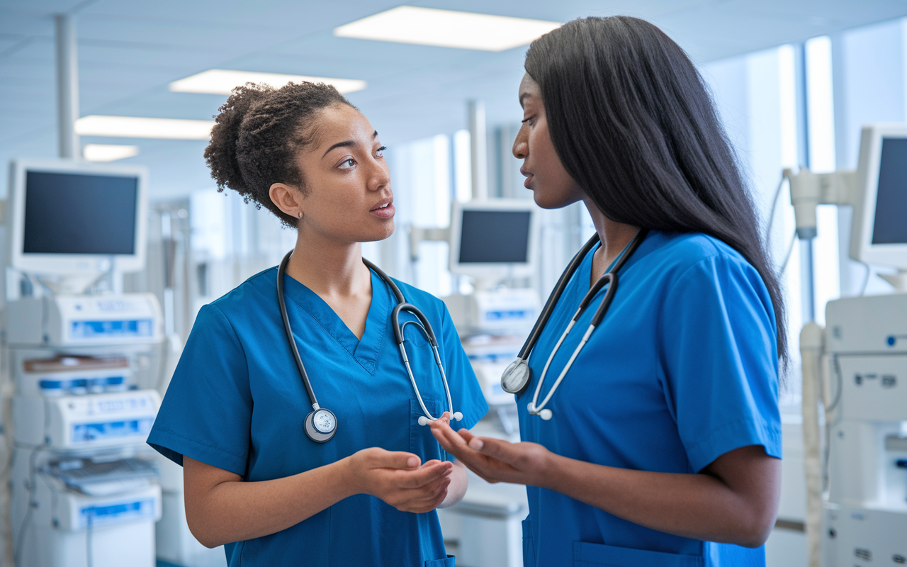 A compassionate medical student gently discussing a clinical error with a colleague in a hospital setting. The scene is bright and clinical, with medical equipment in the background, reflecting the seriousness of patient care. Both individuals are depicted with attentive body language, showcasing the importance of teamwork and ethics in healthcare.