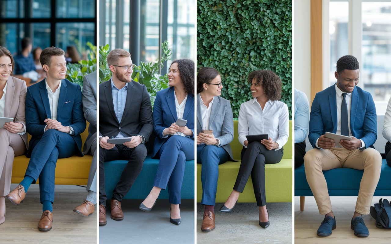 A collage showing different candidates in a variety of professional attire, demonstrating punctuality and respect for interviewers in a waiting area. Brightly lit with comfortable seating and greenery, candidates are engaged in polite small talk, exhibiting positive body language and professional demeanor.