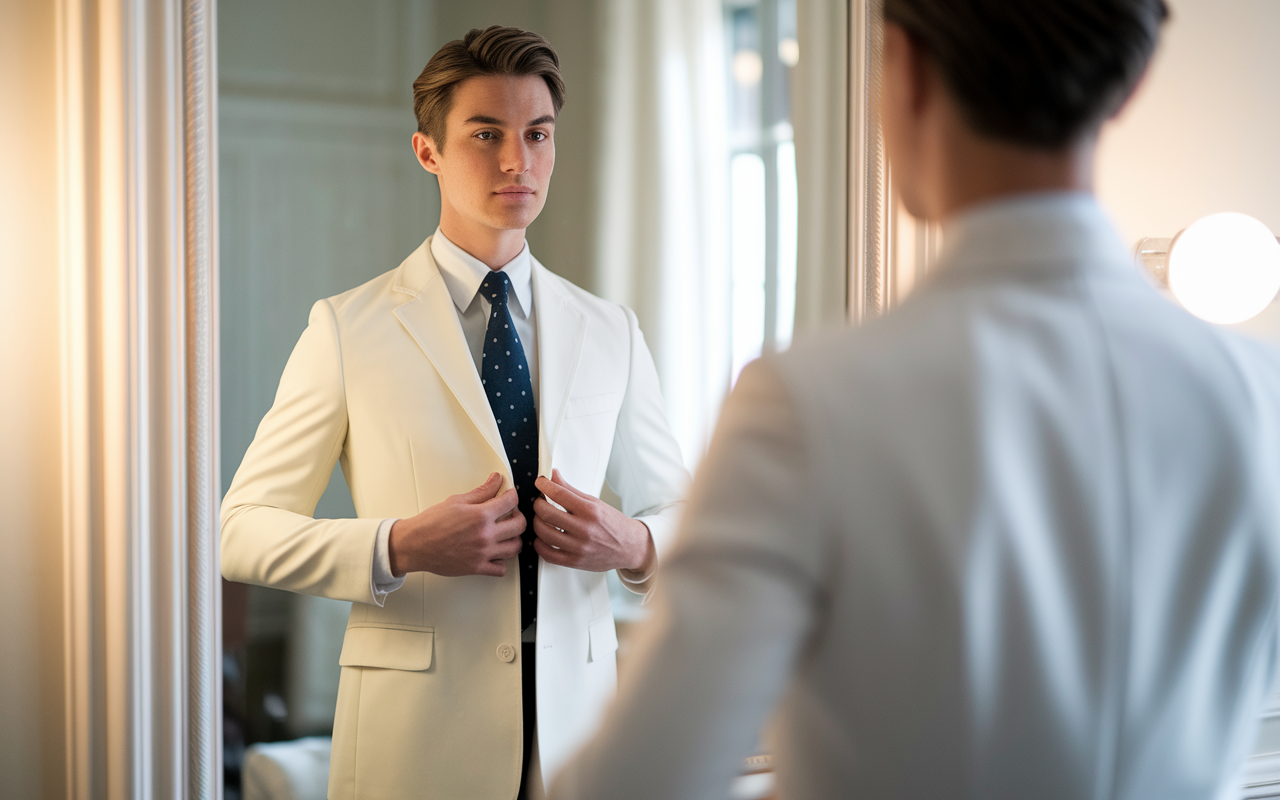 A well-dressed individual standing confidently in front of a mirror, adjusting a crisp jacket before a medical interview. The setting is an elegant room with soft, natural light illuminating the space. The focus is on the reflection in the mirror showing the individual’s attention to detail and professionalism.