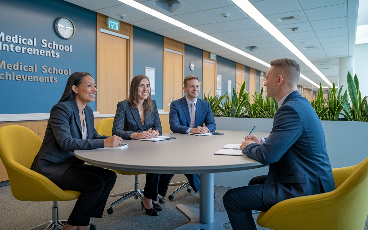 Inside a brightly lit interview room at a medical school, a panel of three interviewers sits at a sleek round table, smiling and taking notes. An applicant in a tailored suit sits opposite them, confidently holding a notepad with personal notes. The walls are adorned with medical school achievements and a clock shows it’s just a few minutes before the interview starts. The atmosphere is professional yet inviting, with plants adding a touch of life to the setting.