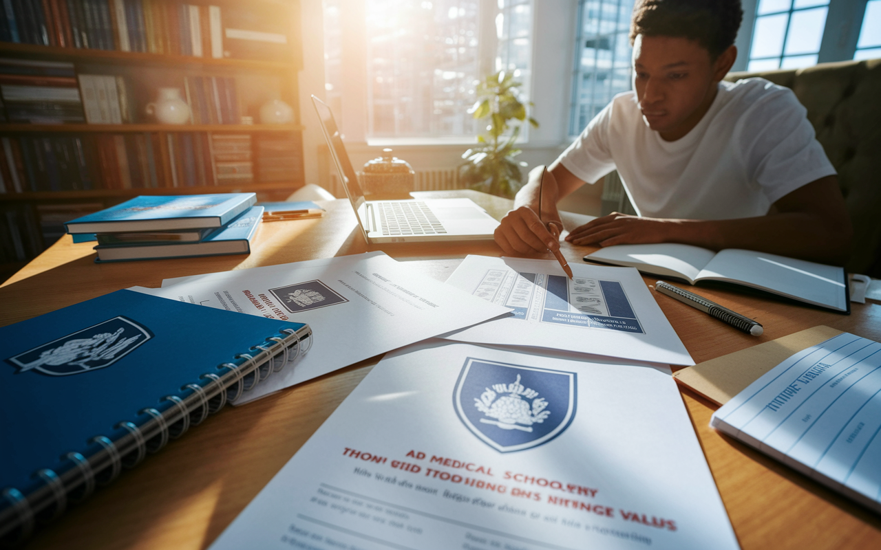 A student in a cozy, well-lit study room, surrounded by medical books and a laptop, researching a medical school's mission and values. The desk is cluttered with notebooks and printed pages featuring the school's logo. Warm sunlight filters through the window, creating a motivating atmosphere filled with determination and ambition, while the student looks focused and engaged.